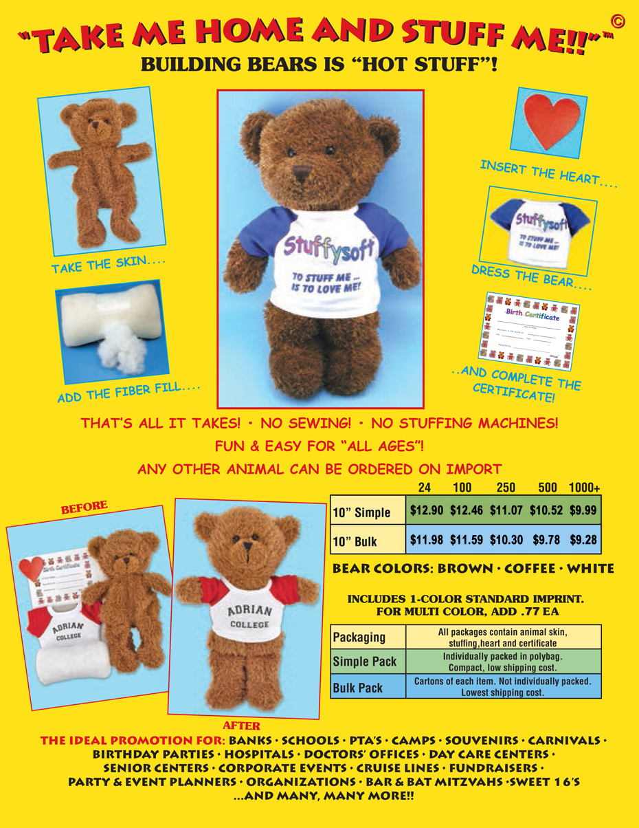 Stuffables are teddy bears that you stuff yourself. We provide the stuffing, a printed t-shirt and a birth certificate.